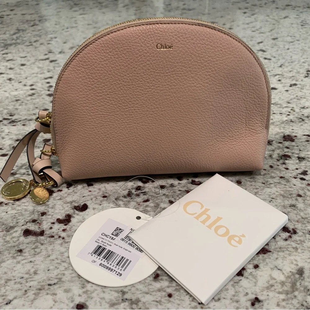 New CHLOE Calfskin Alphabet Round Cosmetic Makeup Case Bag Toiletry Blush Nude‎